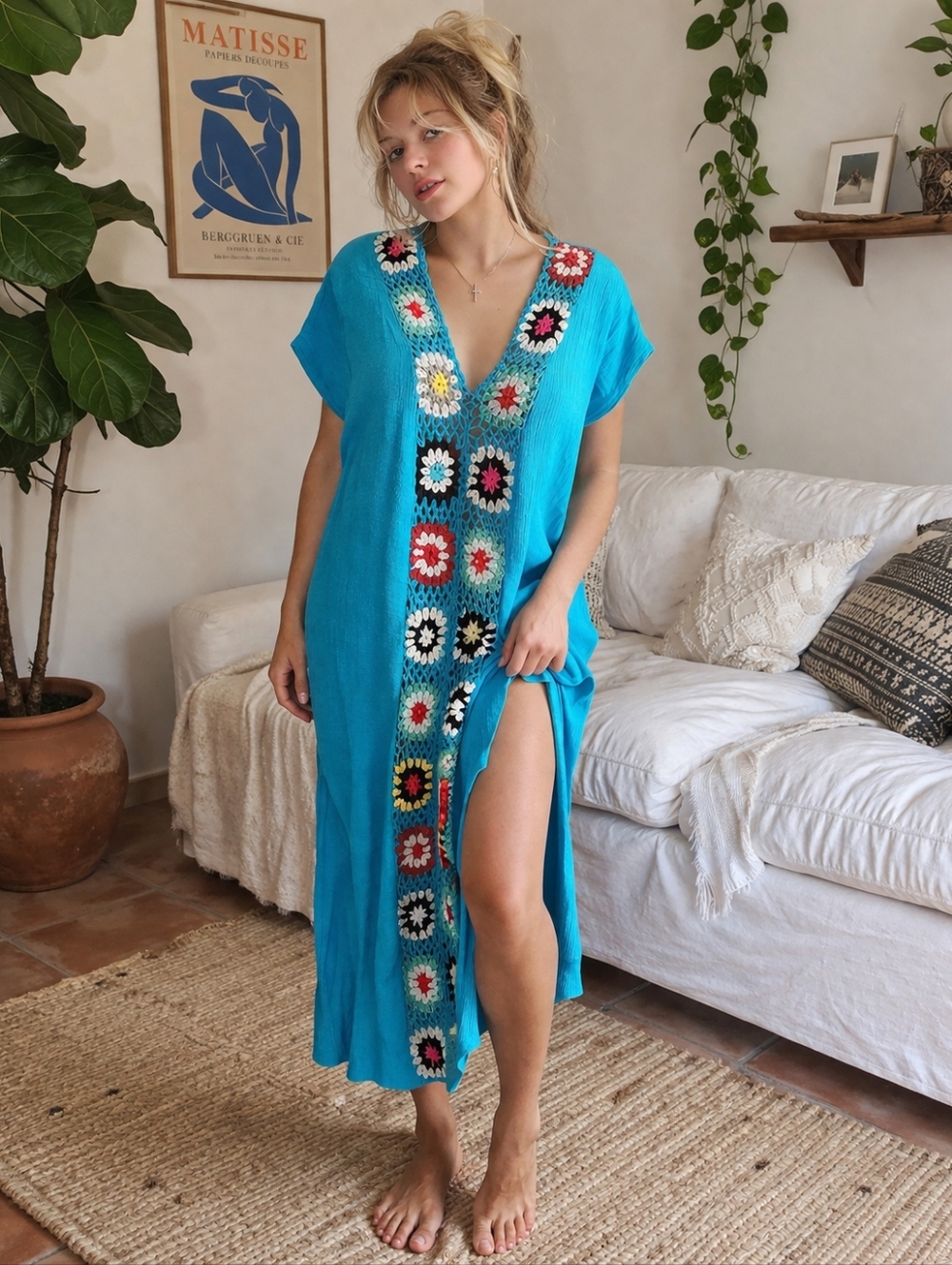 Retro Turquoise Boho Kaftan Size Large Granny Square Crochet Cover Up Festival